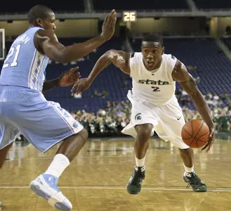 Raymar Morgan drives to the basket. Matthew Mitchell/MSU Athletic Communications