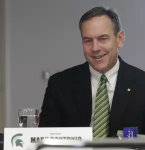 Mark Dantonio enjoys a laugh during the March 12, 2008, media roundtable session.