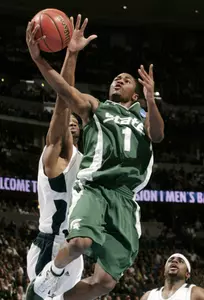 Michigan State guard Kalin Lucas (1) goes up for a shot against Pittsburgh in the first half (AP Photo)