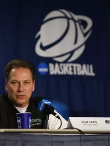 MSU head coach Tom Izzo responds to questions during the NCAA South Regional Press Conference at Reliant Stadium in Houston.