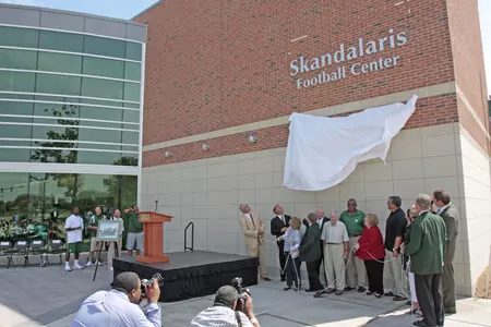 The unveiling of the Skandalaris Football Center was held Thursday afternoon on the Perles Plaza.