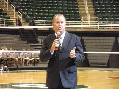 MSU Athletics Director Mark Hollis addresses the freshman class at Thursday's Spartan Spirit pep rally.