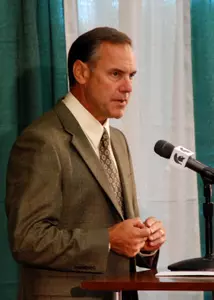 Mark Dantonio responds to questions during his weekly press conference in Spartan Stadium.