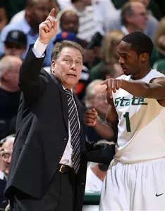 Tom Izzo instructs Kalin Lucas during MSU's 75-62 win over Kansas.