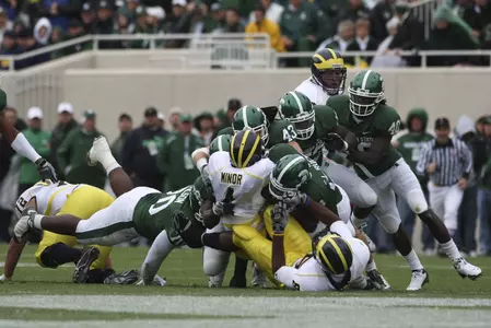 Michigan State's defense held Michigan to a season-low 28 yards rushing last week and also collected four sacks.