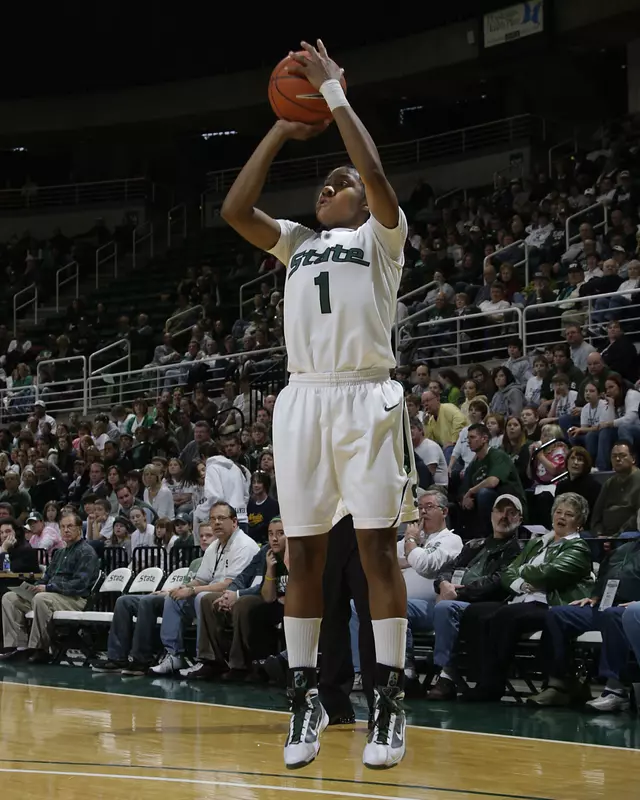 Jasmine Thomas shoots a wide-open three against Florida Gulf Coast. Thomas led the Spartans with 15 points and 9 assists, including going 3 for 3 from 3 point range. Brian Cripe/MSU Athletic Communications