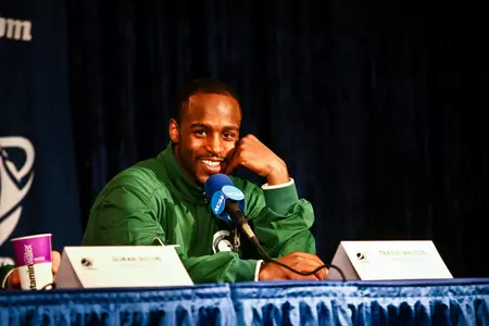 Travis Walton responds to questions during Thursday's NCAA Tournament press conference. (Photo by Brad Person.)