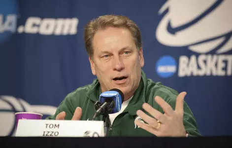 Tom Izzo responds to questions during Thursday's NCAA Midwest Regional press conference in Lucas Oil Stadium.
