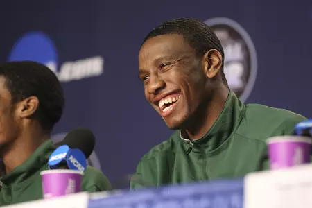 Raymar Morgan has a laugh at Sunday's press conference.
