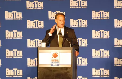 Mark Dantonio addresses a crowd of more than 350 media members during the 2009 Big Ten Football Kickoff in Chicago.