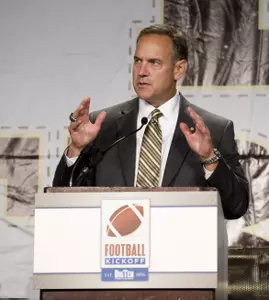 Coach Dantonio speaks at the Big Ten Football Kickoff last week in Chicago.
