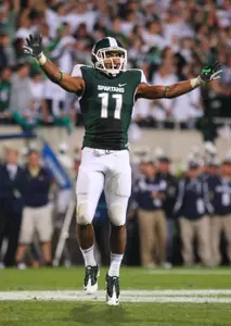 Marcus Hyde reacts following a big play in the win over Notre Dame. Hyde has emerged as one of the leaders on the defense this season.