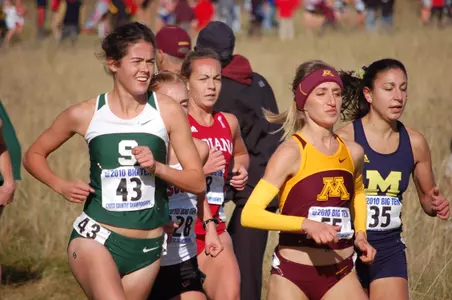 Emily MacLeod became the fifth individual to win the Big Ten Title when she placed first with a time of 19:53.8. (Photo courtesy of Kyle Johnson)