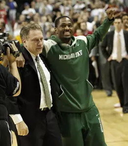 Despite his injury, Kalin Lucas celebrated MSU's second round win over Maryland.