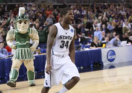 Korie Lucious celebrates following MSU's win over Northern Iowa on Friday night.