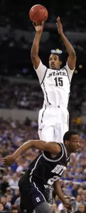 Michigan State's Durrell Summers (15) shoots over Butler's Shawn Vanzant (2) during the first half of a men's NCAA Final Four semifinal college basketball game Saturday, April 3, 2010, in Indianapolis. (AP Photo/Mark J. Terrill)