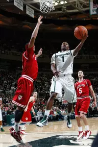 Kalin Lucas scores two of his game-high 26 points against Indiana Sunday night to lead MSU past the Hoosiers.