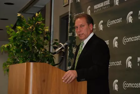 Tom Izzo addresses the media at Men's Basketball Media Day.