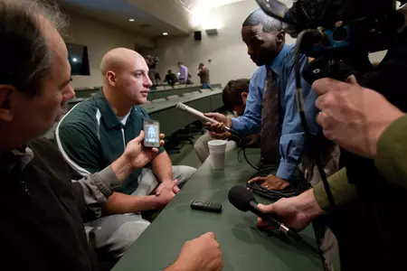 Max Bullough meets with reporters on Tuesday during MSU's Outback Bowl Media Day.