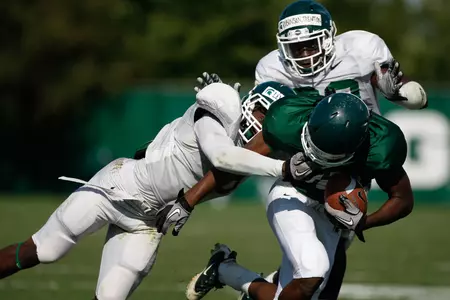 The Spartan football team practiced in full pads for the first time this preseason on Thursday.