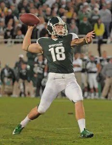 Aaron Bates' 29-yard TD pass to tight end Charlie Gantt off a fake field goal gave MSU a 34-31 overtime victory over Notre Dame in 2010. (Photo by Mark Cunningham, Getty Images)