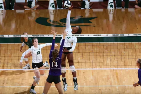 Junior Alexis Mathews had 11 kills and five blocks in the match.