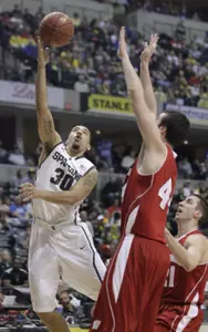 Brandon Wood drives to the basket for a layup.