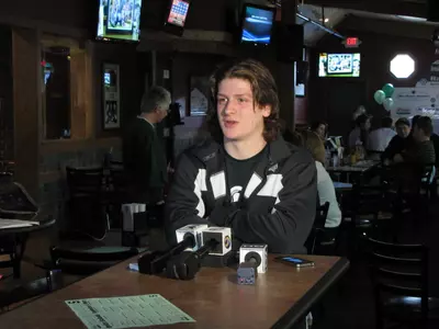 Torey Krug meets with the media at Sunday's selection show