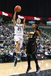 Junior Klarissa Bell poured in a career-high 25 points Thursday to lead MSU to a 65-54 victory over Iowa.