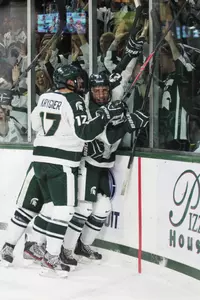 Joe Cox celebrates his go-ahead goal in Saturday's win.