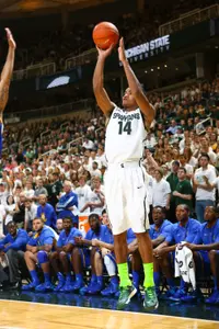 Gary Harris recorded a double-double (20 points, 10 rebounds) in MSU's 98-56 season-opening win over McNeese State.