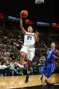 Senior co-captain Klarissa Bell, MSU's leading scorer last season, scored 12 points in Monday's season opener.