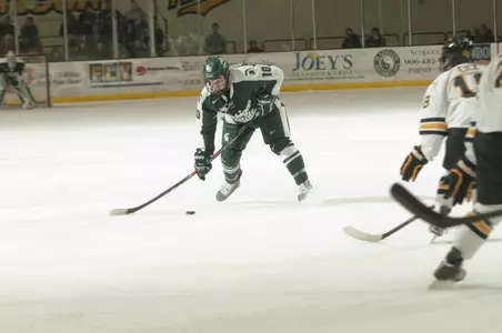 Tanner Sorenson looks to fire the puck in Friday's loss. (Photo: MTU Athletics)
