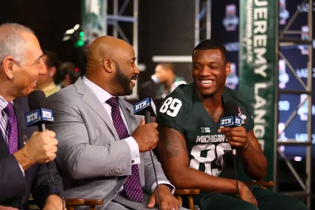 Shilique Calhoun shares a laugh on the BTN set at Rose Bowl Media Day, which was held Sunday morning at The L.A. Hotel Downtown.