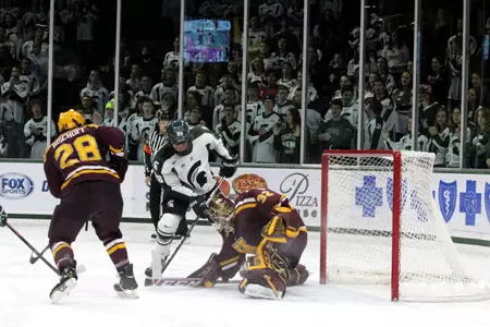 Villiam Haag scores the Spartans' second goal on Friday night.