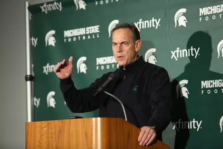 MSU head coach Mark Dantonio speaks to reporters at Sunday night's press conference.