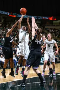 Senior Jasmine Thomas has an impressive night, posting 10 points, six rebounds, three assists, three steals and a career-high three blocks.