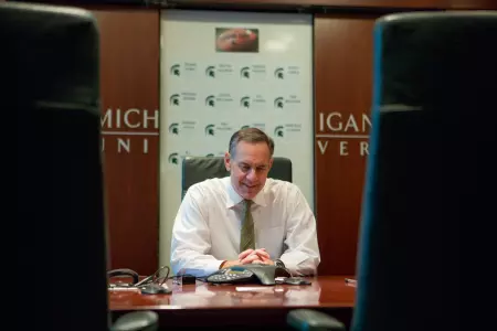 Mark Dantonio participates in a conference call with Damion Terry and Delton Williams.