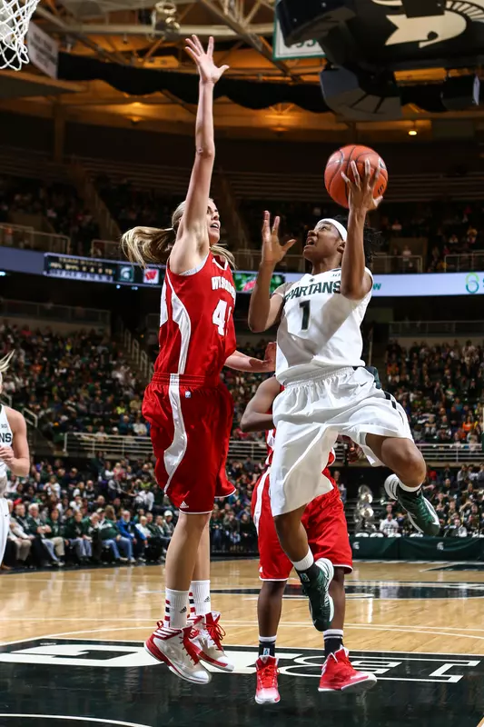 Senior Jasmine Thomas posted team-highs of 14 points and nine rebounds in her Breslin Center finale.