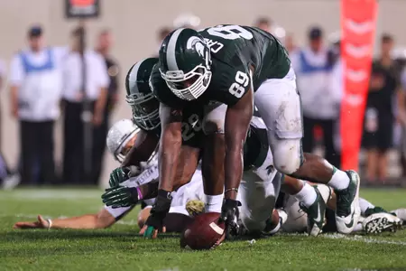 Shilique Calhoun scooped up a fumble and ran it back 16 yards for a touchdown in the fourth quarter during MSU's win over Western Michigan.