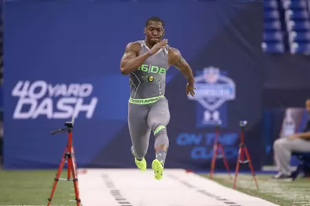 Michigan State University cornerback Darqueze Dennard runs the 40-yard dash at the 2014 NFL Scouting Combine at Lucas Oil Stadium in Indianapolis, on February 25, 2014. (AP Photo/Ben Liebenberg)