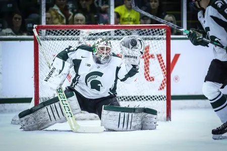 Will Yanakeff makes one of his 24 saves in Saturday's win.