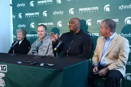 Former Spartan All-American Flozell Adams speaks at a press conference Saturday in the Spartan Stadium press box. Adams donated $1.5 million toward the Spartan Stadium's North End Zone Expansion Project.