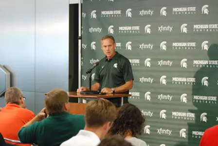 MSU head coach Mark Dantonio addresses reporters at media day on Monday in the Huntington Club at Spartan Stadium.