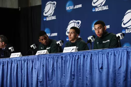 MSU head coach Tom Izzo and players Branden Dawson, Travis Trice and Denzel Valentine speak to the media.