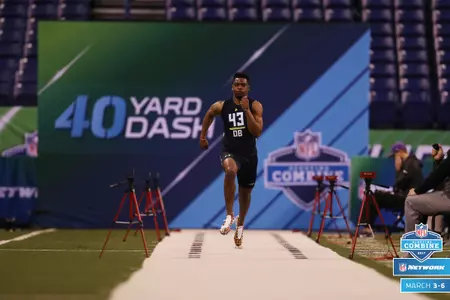 <B><i>Montae Nicholson ran the 40-yard dash in 4.42 seconds on Monday at the NFL Combine. (Photo by Ben Liebenberg)</b></i>