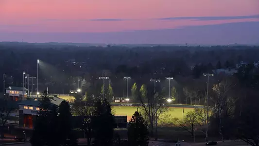 MSU Baseball lights aerial at sunset