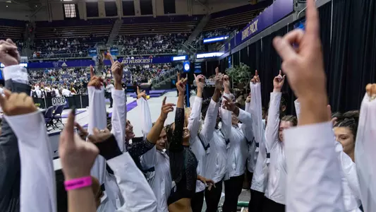 Michigan State gymnastics team in the NCAA Regional competition at Alaska Airlines Arena, on Saturday, April 2, 2022 in Seattle, Washington. (Photo by Stephen Brashear)