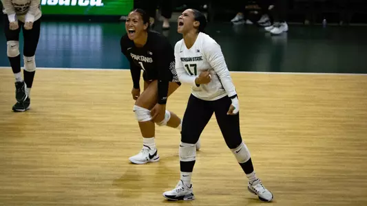 Celebration, Jayhlin Swain, Nalani Iosia, volleyball, 2023, Rutgers