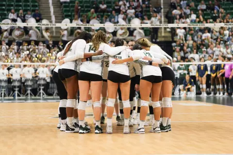 Team huddle, volleyball, 2023, home Michigan
